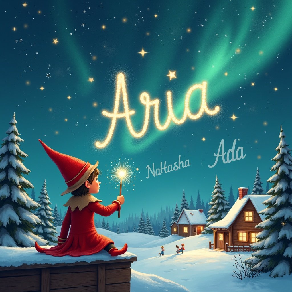 Elf sits on wooden ledge gazing at magical sky. Dressed in red outfit, pointed hat. Holds sparkling wand writing name 'Aria' in sky. Snowy landscape with charming houses and evergreen trees. Northern Lights shimmer above. Names 'Natasha' and 'Ada' elegantly added to sky. Captures childhood magic and Christmas cheer.