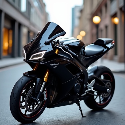 Black sport motorcycle parked on a street. The motorcycle has aerodynamic design. Urban setting with modern buildings and streetlights. Sharp lines and powerful stance.