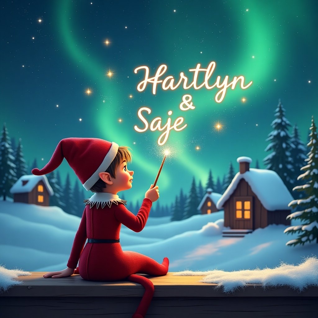 An elf sits on a wooden ledge with its back to the camera, gazing at a magical sky. The elf is dressed in a festive red outfit and a pointed hat. In its hand, the elf holds a sparkling wand and elegantly writes the names 'Hartlyn' and 'Saje' in the starry sky. The background features a snowy landscape adorned with charming little houses and evergreen trees. The scene is illuminated by the shimmering Northern Lights, capturing the essence of childhood magic and Christmas cheer.