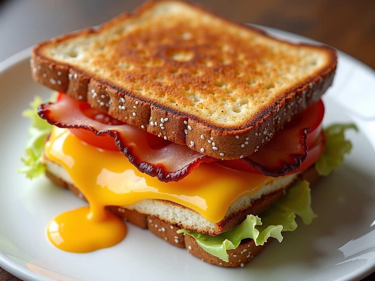 This image showcases a delicious fried egg bacon and cheese toast sandwich, layered with fresh tomato and crispy iceberg lettuce. The sandwich is made with golden brown toast, which adds a crunchy texture. The melted cheese oozes out, creating an appetizing look. The vibrant colors of the ingredients are highlighted by natural lighting. This sandwich is a perfect representation of a hearty breakfast or a comforting snack.