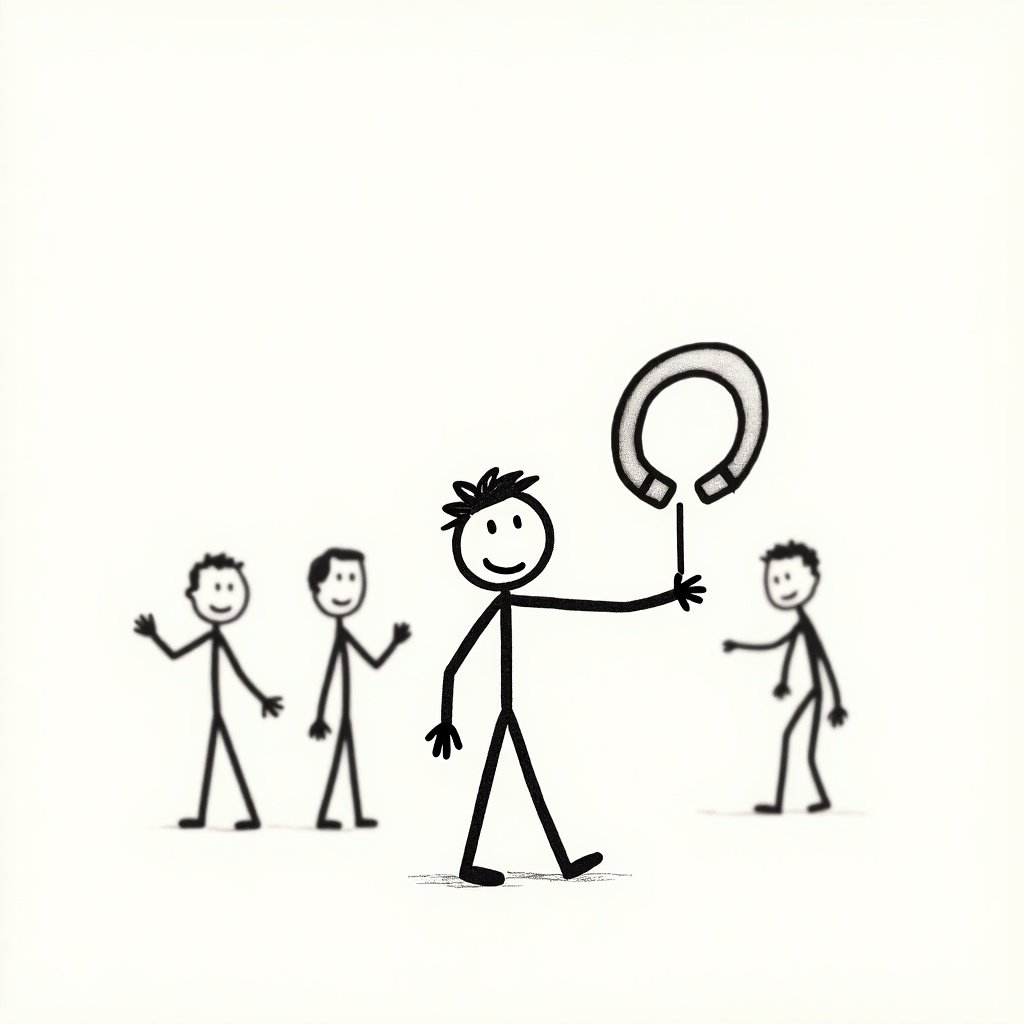 Stick figure represents charismatic man. He stands in a power pose. Hand is up in the sky. He looks victorious. He holds a magnet. Other people admire him.