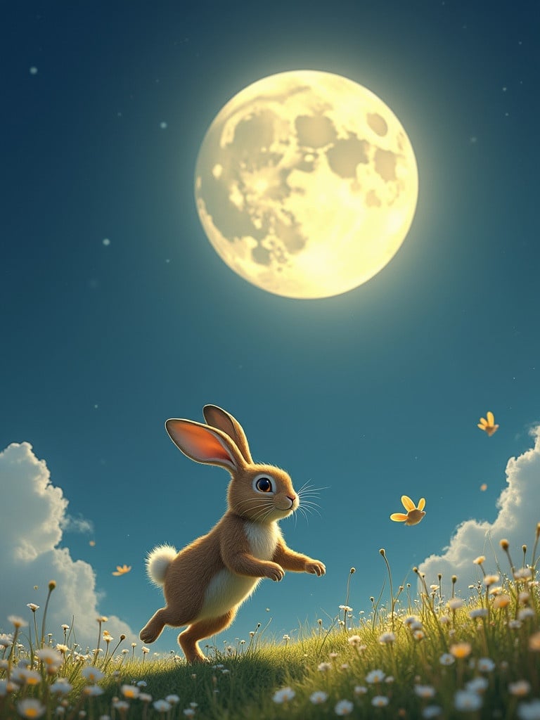 A cute bunny with long ears is racing across a grassy field filled with flowers. Bright full moon is shining in the night sky. Fluffy clouds enhance the dreamy atmosphere.