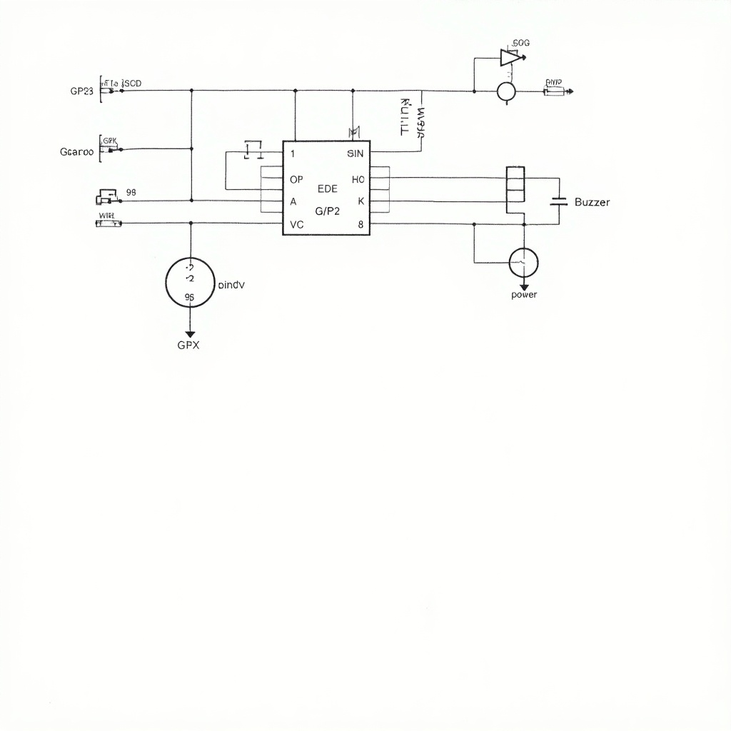 Schematic diagram showing connections of microcontroller ESP32, motion sensor gyroscope, GPS module, buzzer, and power supply in a circuit.