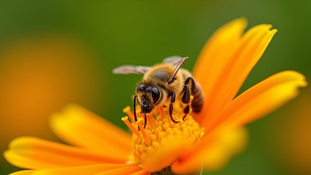 Close-up photo of bee gathering nectar from vivid orange flower. Background features soft blurred greens and yellows highlighting bee and flower. Image showcases detailed aspects of bee and flower, emphasizing bee's role in pollination. Vibrant colors and focused composition create eye-catching visual.