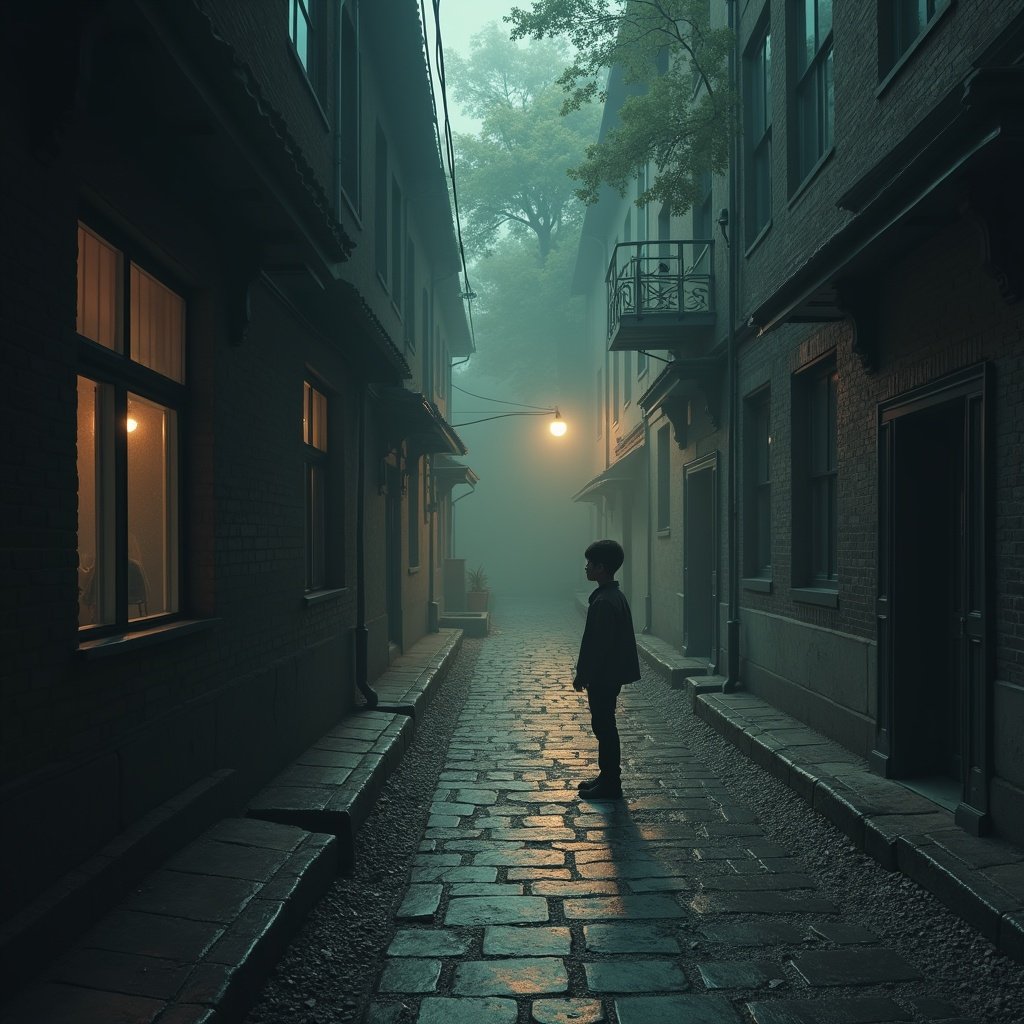 A boy stands in a misty alleyway at dusk. Shadows cast long along cobbled streets. One window glows softly illuminating the dark surroundings. The boy is alone lost in thought. The atmosphere is mysterious and contemplative.