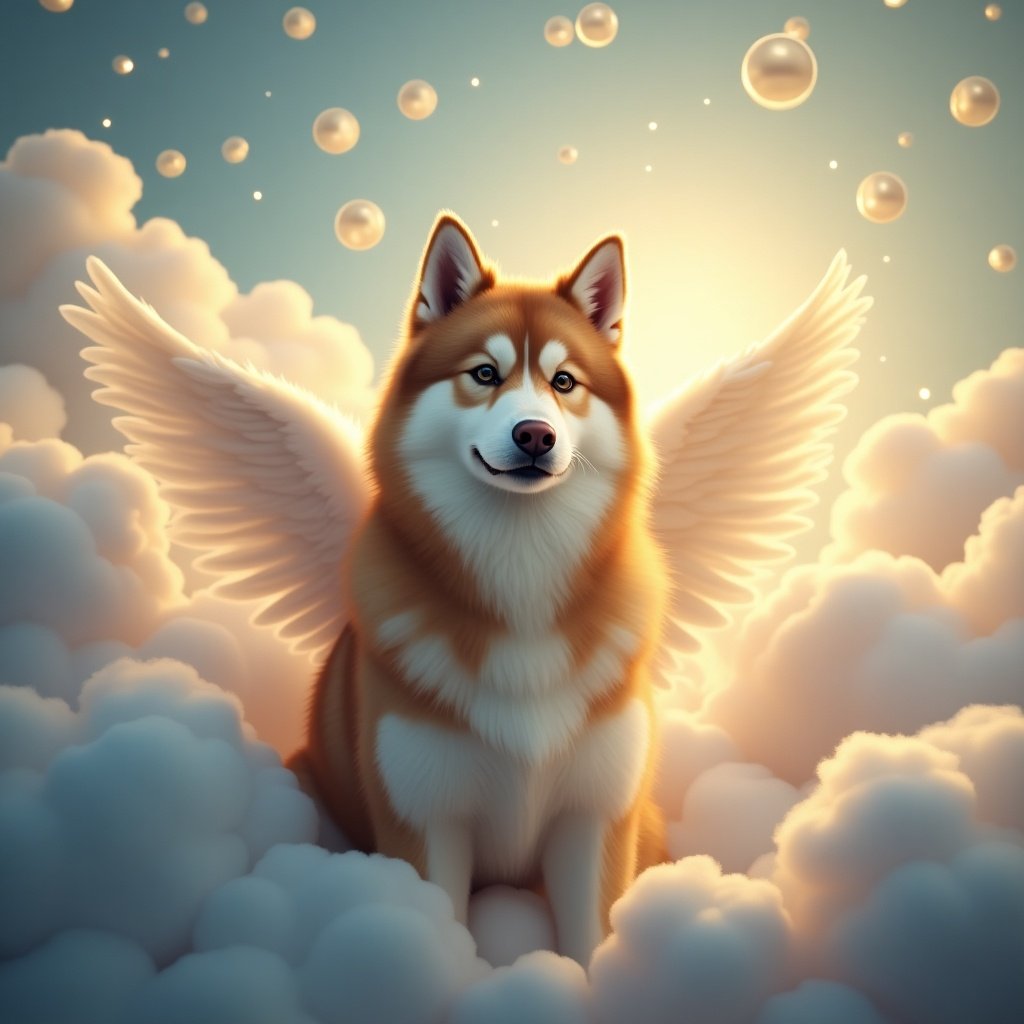 A serene scene of a brown Siberian Husky with angel wings standing amidst fluffy clouds. Soft lighting envelops the dog, suggesting a heavenly atmosphere. The clouds are lit by a warm glow, contrasting the cool sky. Golden orbs hang above, adding a magical touch. This imagery evokes feelings of peace and warmth, suitable for Christmas.