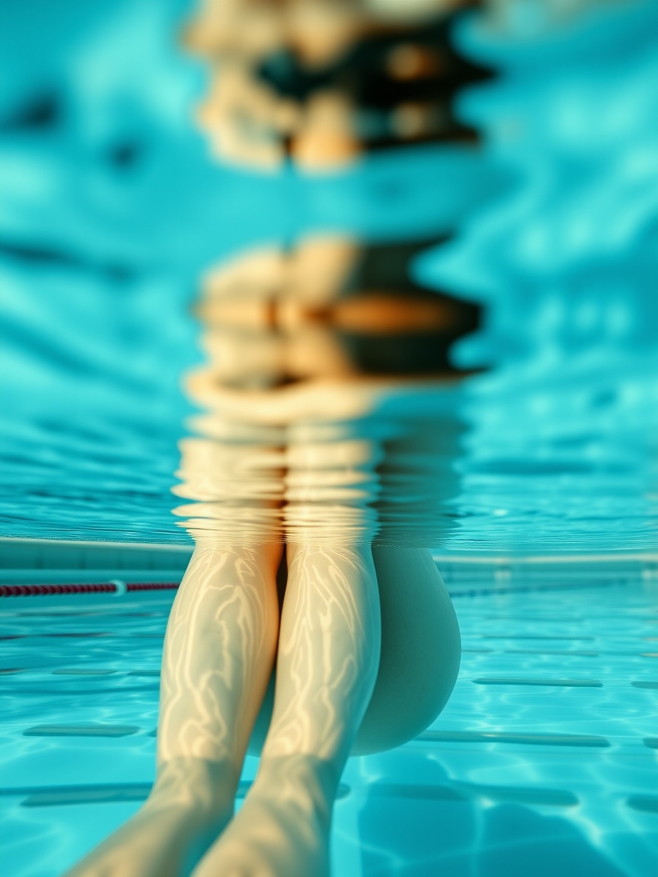 The image captures a mesmerizing underwater view of a person's legs submerged in a pool, with rippling water creating a hypnotic distortion. The sunlight casts dynamic patterns on the person's skin, contrasting with the tranquil blue hues of the pool. The overall effect is calming yet intriguing, inviting viewers to consider the interplay of light, water, and the human form.