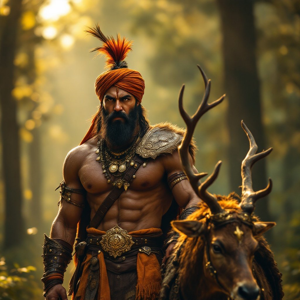 Detailed shot of powerful Indian warrior walking with stag in lush forest. Warrior wears traditional armor with gold details and orange turban. Stag features ornate saddle with gold. Dramatic sunlight creates shadows. Dense forest in background. Low-angle perspective enhances scene's grandeur.