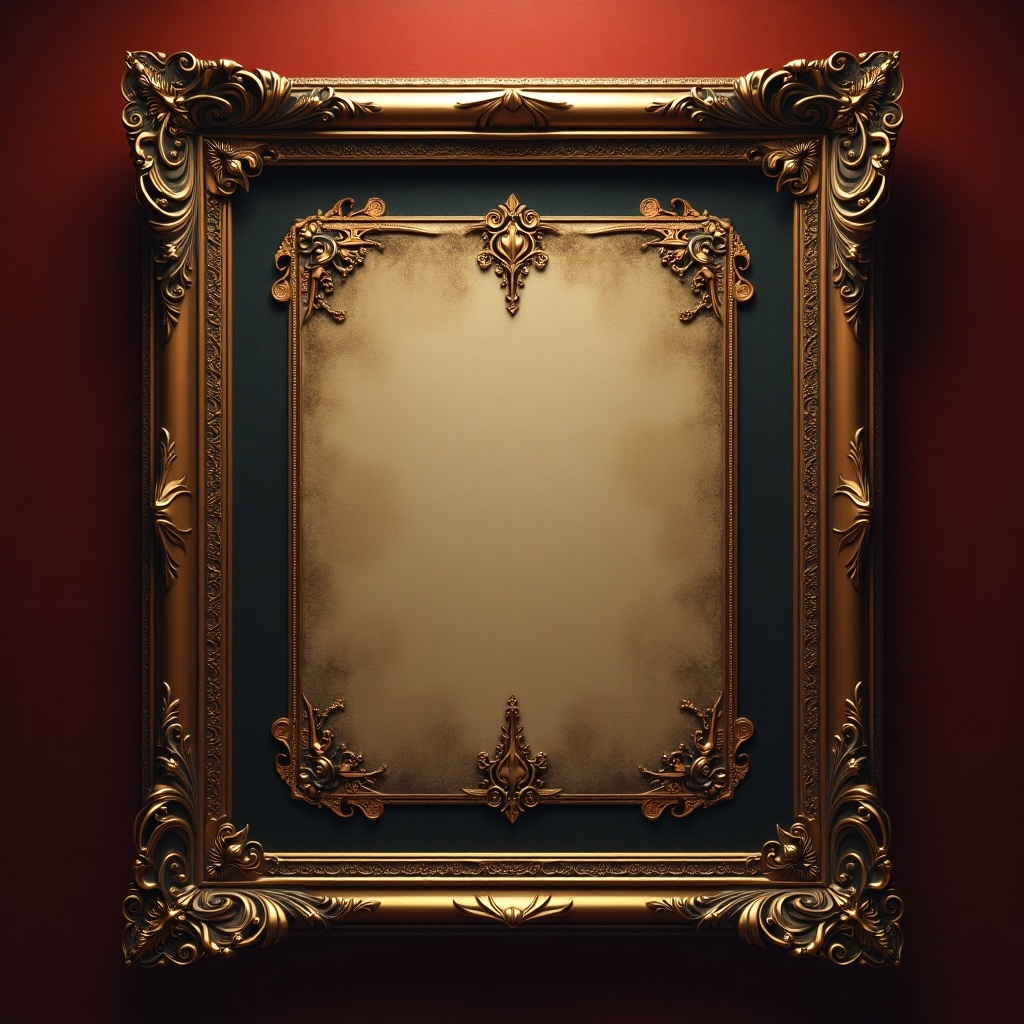 An ornate golden frame with a dark green backing. The frame has intricate designs and embellishments. The background is a deep red.