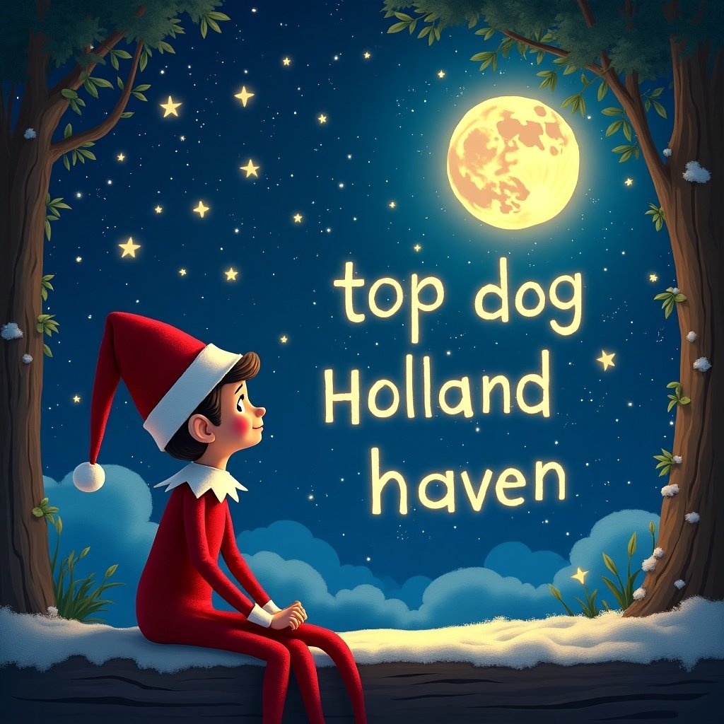 Elf on the shelf sitting looking at a starry sky. Words ‘top dog Holland haven school’ spelled out in stars. Nighttime scene with moonlight and trees.