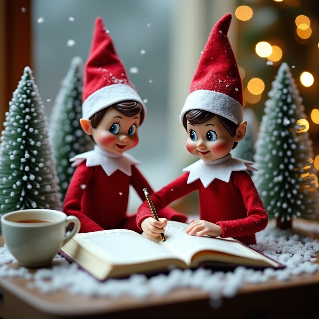 Two Elf on the Shelf figures are sitting together at a small table. The boy elf is writing in a large book. The girl elf has a cup of tea. Snow covers the table. Background features evergreen trees with snow and twinkling lights. The scene is festive and magical, evoking the spirit of Christmas.