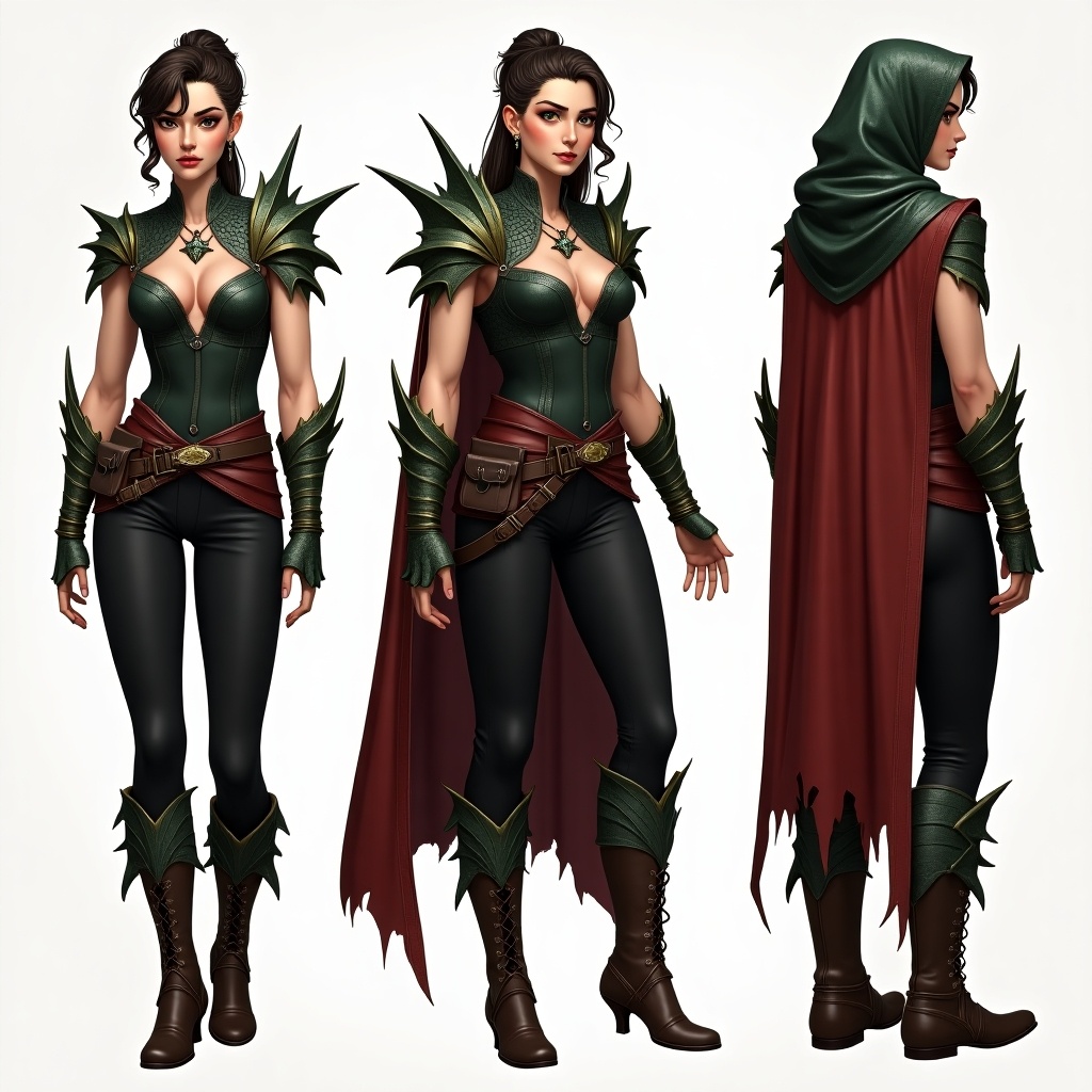 Character design featuring a warrior with dragon heritage. Fitted sleeveless tunic made of dark leather. Intricate embossed dragon scale patterns. Light armor pieces resembling dragon scales. Fitted black trousers reinforced at the knees. Knee-high leather boots with metal accents. Lightweight cloak in deep crimson with dark green lining and hood. Wide leather belt with pouches. Jewelry includes dragon wing earrings and a dragon motif necklace.