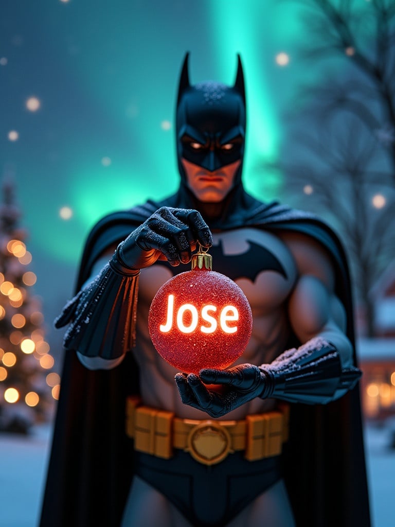 Enchanting Christmas scene featuring Batman holding a magic ornament with the name Jose in a glowing font. Northern lights add a magical ambiance. The atmosphere portrays festive Christmas spirit with a whimsical twist.