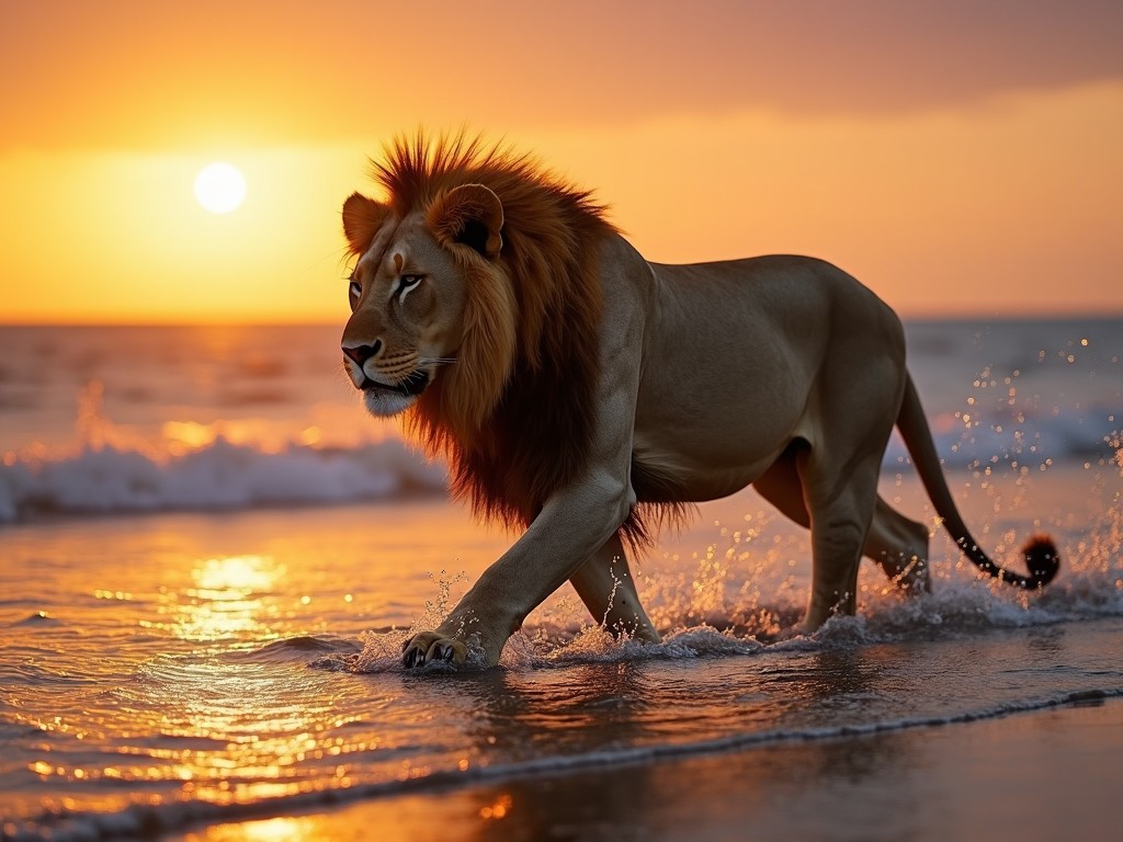 A majestic lion walking on a serene beach during sunrise, with the sun casting a golden glow on the water.