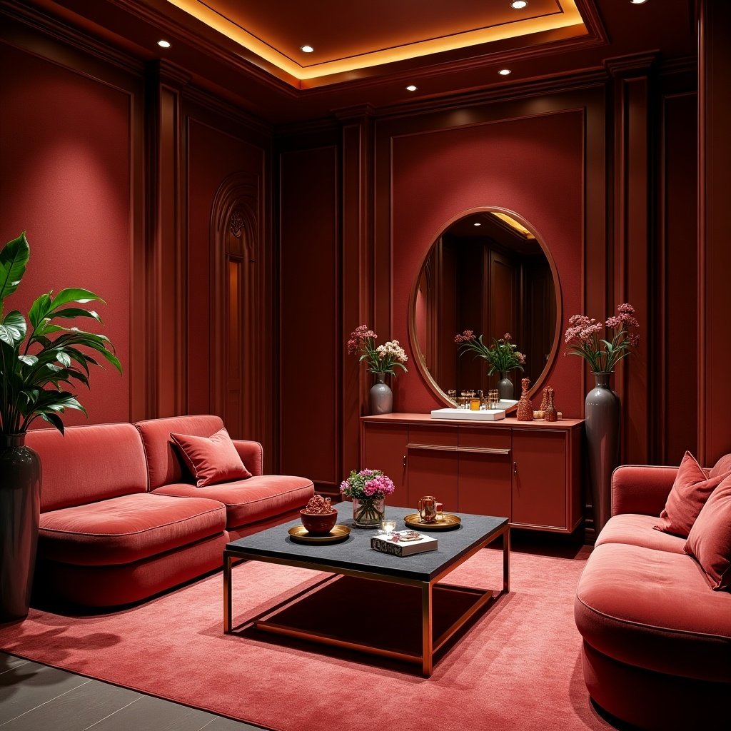 Stylish living room with luxurious deep red hues. Elegant furniture with soft textures. Central mirror reflecting ambient light. Decorative plants and floral arrangements complement the decor.