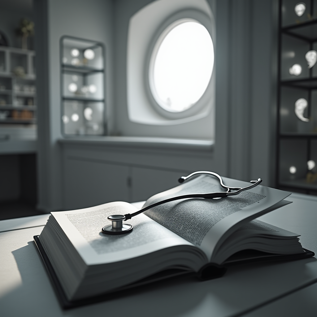 An open book with a stethoscope resting on its pages, set in a serene room with soft light streaming through a circular window.