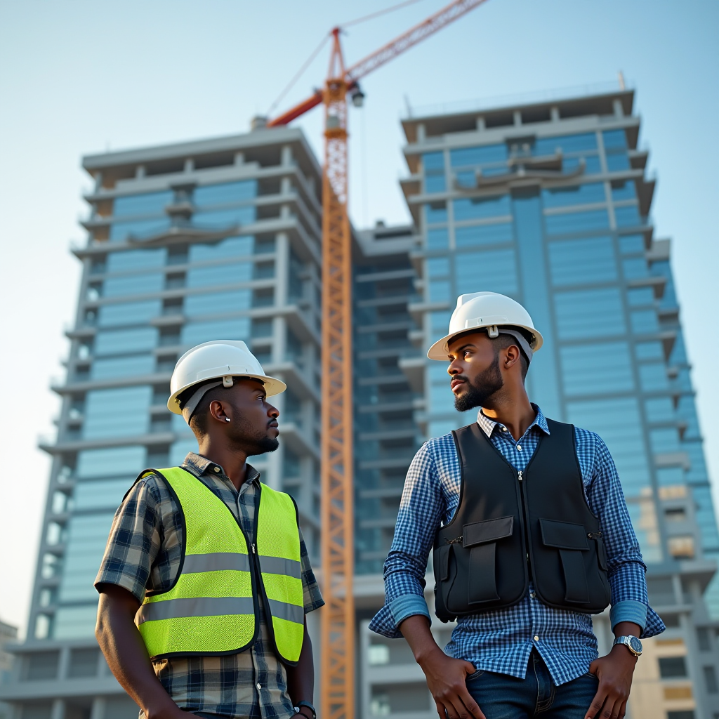 Two construction workers in hard hats stand in front of a modern building under construction.