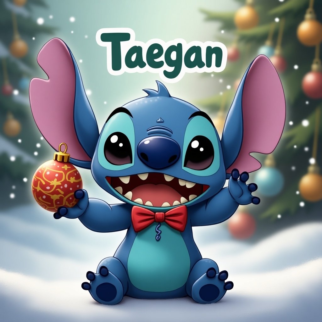 Cute character resembling Stitch holds a Christmas bauble. Character is blue with large ears and a bow tie. Display Taegan.