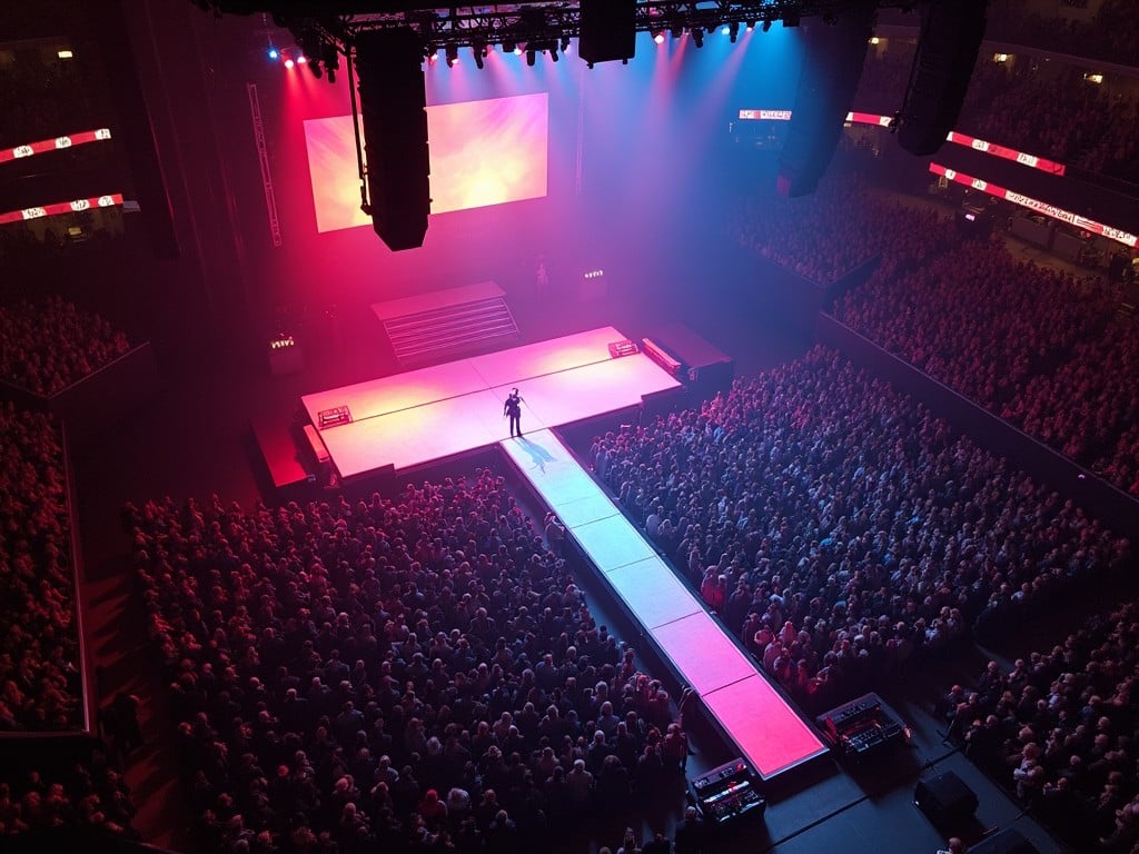 This image captures a vibrant concert scene featuring a performer at the Madison Square Garden. The stage is illuminated with dramatic red and blue lighting, drawing attention to the artist standing at the end of a T-stage runway. The audience, densely packed, creates a sea of people, reflecting the excitement of the event. A large screen behind the performer adds visual interest. The photo is taken from an elevated perspective, highlighting the impressive scale of the venue and its energetic atmosphere.