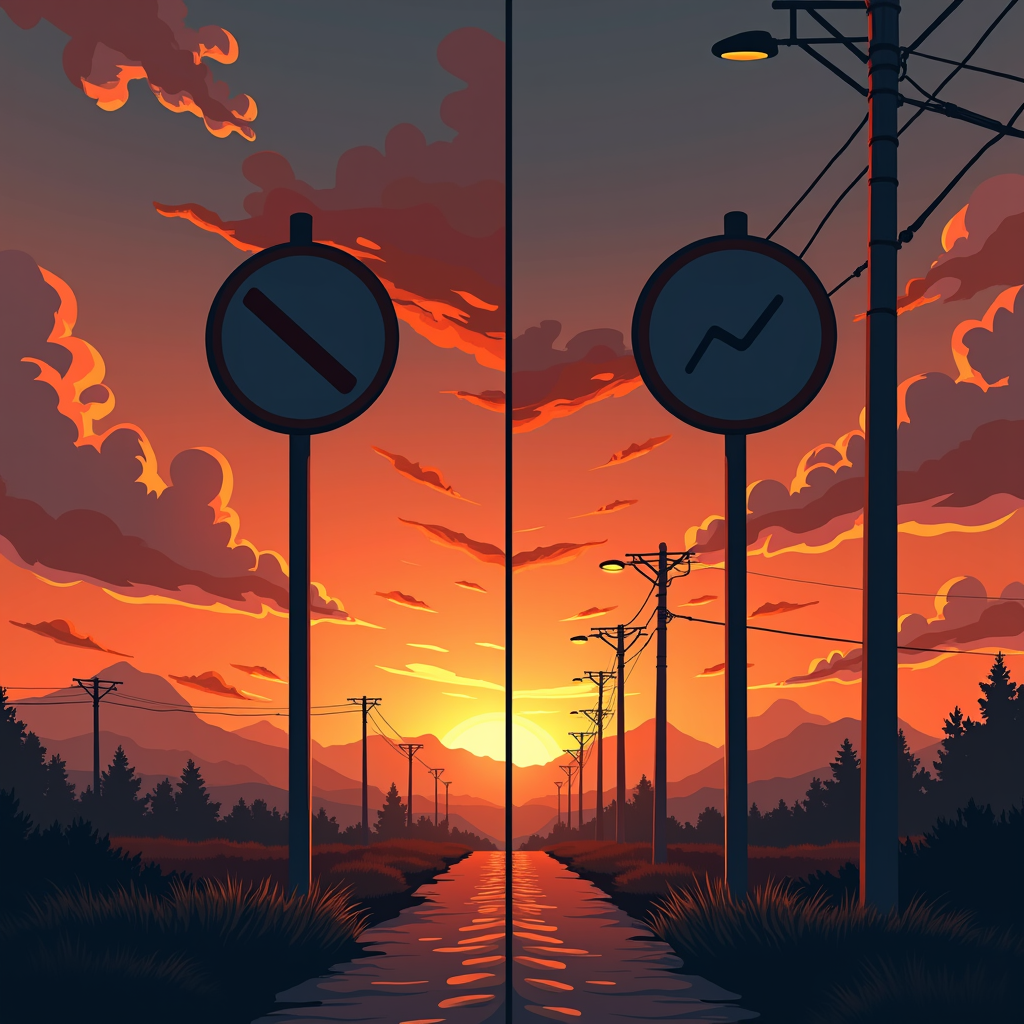 A symmetrical illustration of a road lined with road signs and telephone poles against a vibrant sunset, with mountains and clouds in the background.