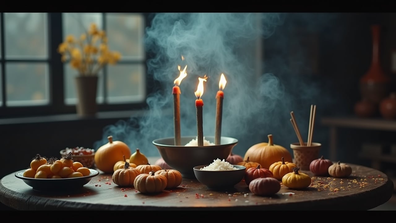 This image captures a solemn winter worship scene filled with offerings to ancestors. A table adorned with various fruits, cakes, and steaming rice sits at the center, showcasing reverence and respect. Three incense sticks burn brightly, their smoke lingering in the air, complemented by soft, warm lighting that enhances the atmosphere. The backdrop features the subdued beauty of winter, with hints of withered leaves and a pale sky, emphasizing the season's solemnity. Overall, the dark tones lend a profound mood, reminiscent of sacred ceremonies.