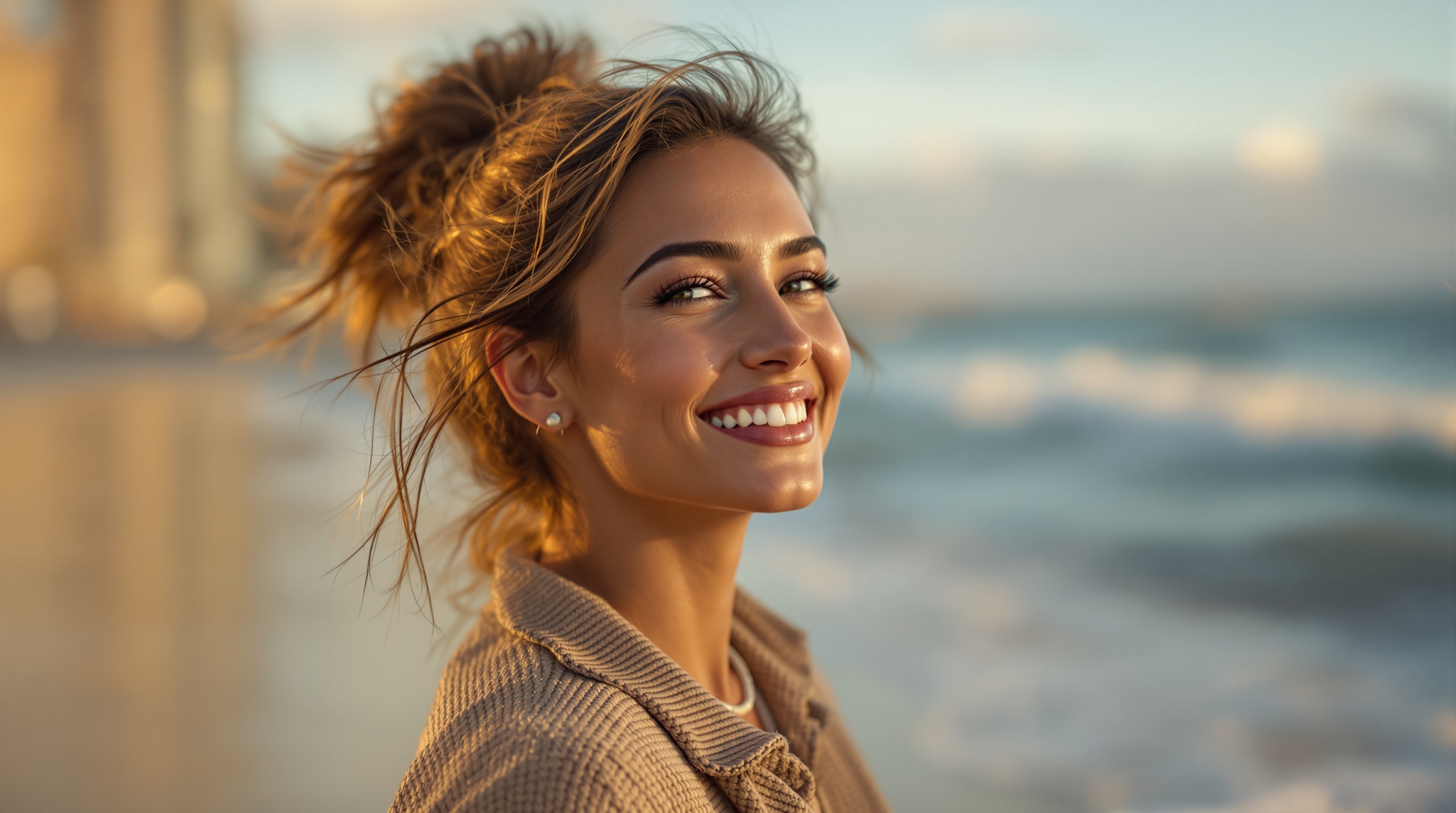 A modern woman stands at the beach during golden hour. The sun casts a warm light over the scene. The ocean waves create a soothing background. The image captures a tranquil atmosphere. The focus is on the woman's joyful expression and the reflections in her eyes. The quality is high with realistic details.