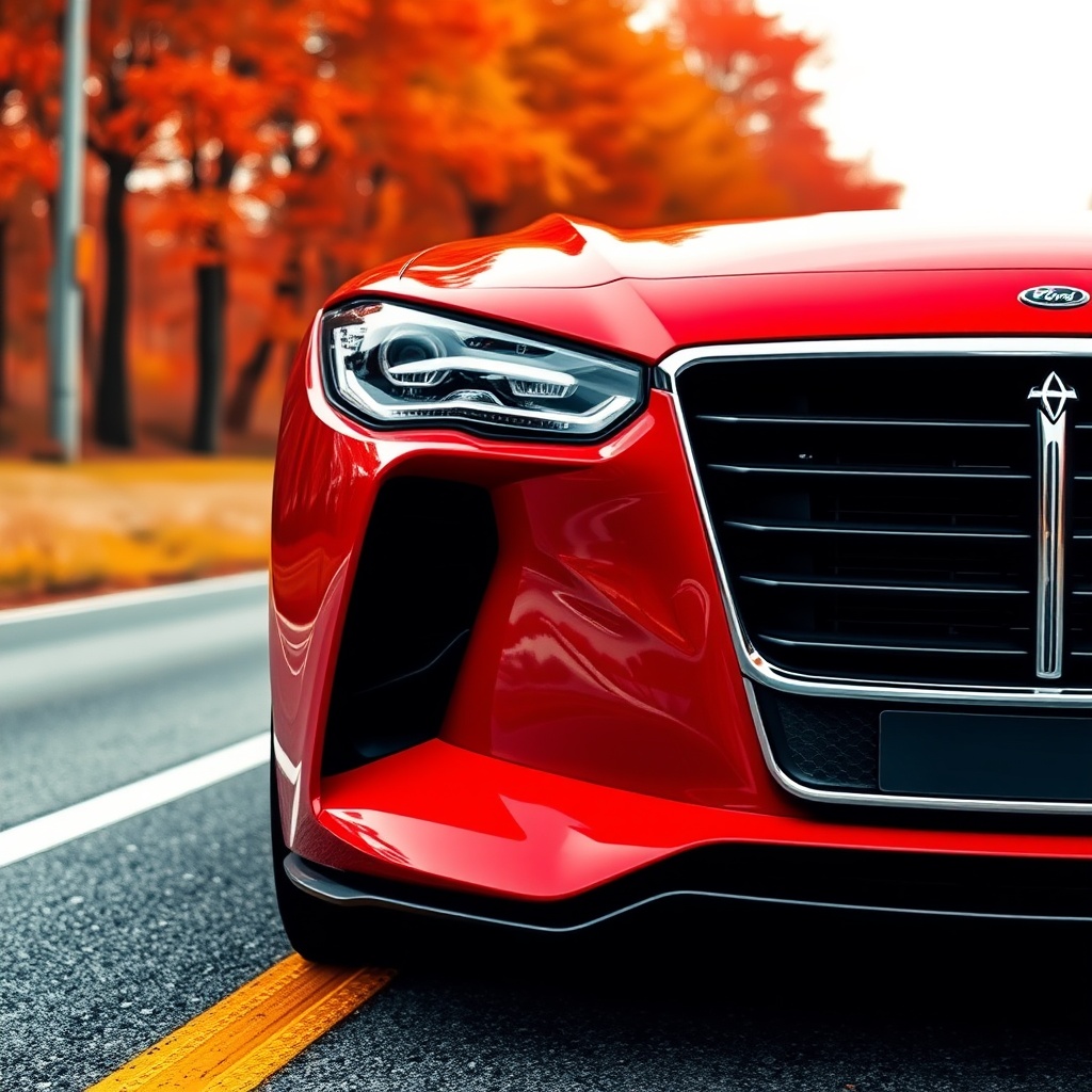 A sleek red sports car on a scenic autumn road with vibrant foliage.