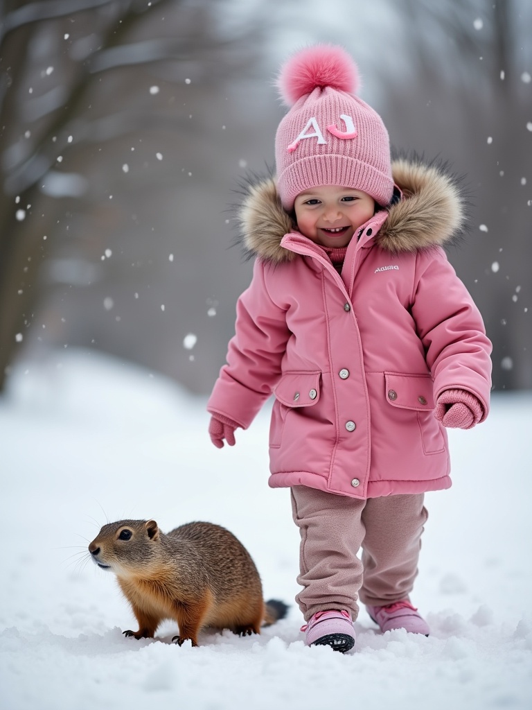 A toddler wears a pink coat and matching knitted hat with initials AJ. A playful groundhog approaches on the snowy ground. Soft snow is falling, covering the ground. Natural light creates a cheerful atmosphere.