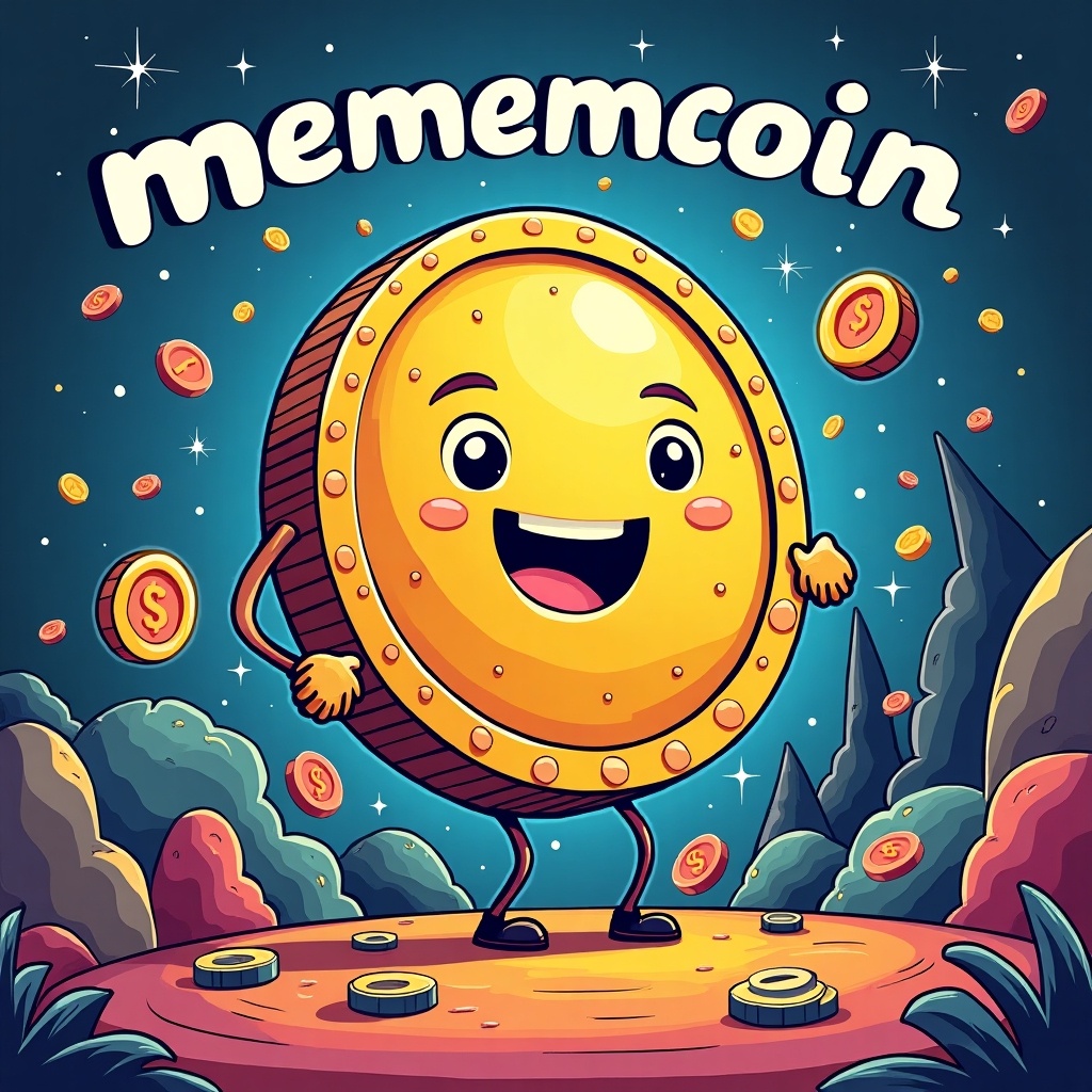 A cartoon character representing a memecoin. The character is a gold coin with a happy face. It stands on a colorful mound with coins scattered around. The background features stylized mountains and stars. The word 'memecoin' is displayed in a playful font above the character.