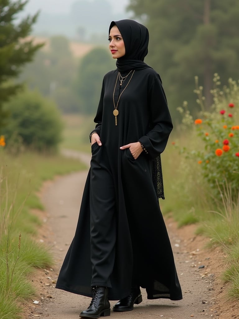 A woman wears a black abaya and hijab. She walks on a nature path surrounded by greenery and flowers. The setting is serene and peaceful. The focus is on elegance and modesty. She has her hands in the pockets of her abaya.