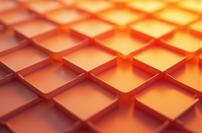 The image shows a grid of raised, orange squares with a warm, glowing light effect.