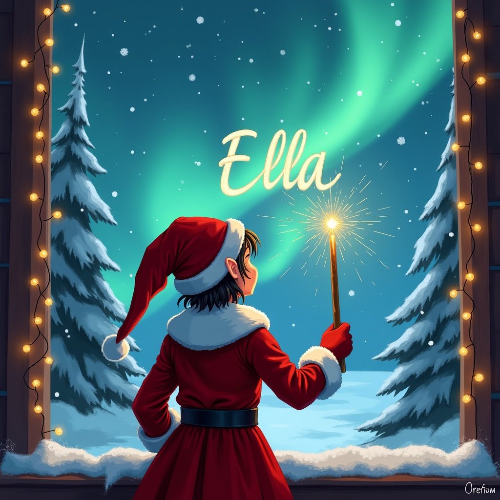 This illustration depicts an enchanting Christmas scene where an elf, seen from behind, stands at a window enjoying the festive atmosphere. The elf faces the sky, using a magic wand to write the name 'Ella' among vibrant northern lights. Santa Claus adds to the charm, seamlessly blending into the winter wonderland setting. Snow-covered trees enhance the magical feeling of the artwork. Soft, warm lights twinkle around the window, creating a cozy holiday ambiance. Capturing the joy and magic of Christmas, this artwork is perfect for evoking holiday spirit.