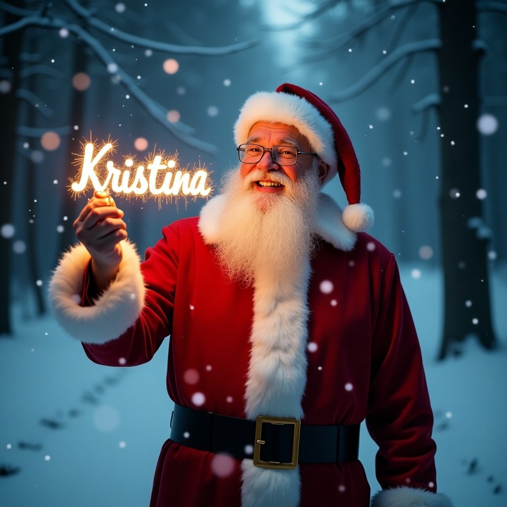 A magical Christmas scene. Santa Claus in a classic red suit with white trim. He stands in a snowy forest. Soft glow illuminates the area. He holds a glow stick spelling 'Kristina'. Light snowflakes gently fall. The scene captures holiday essence.