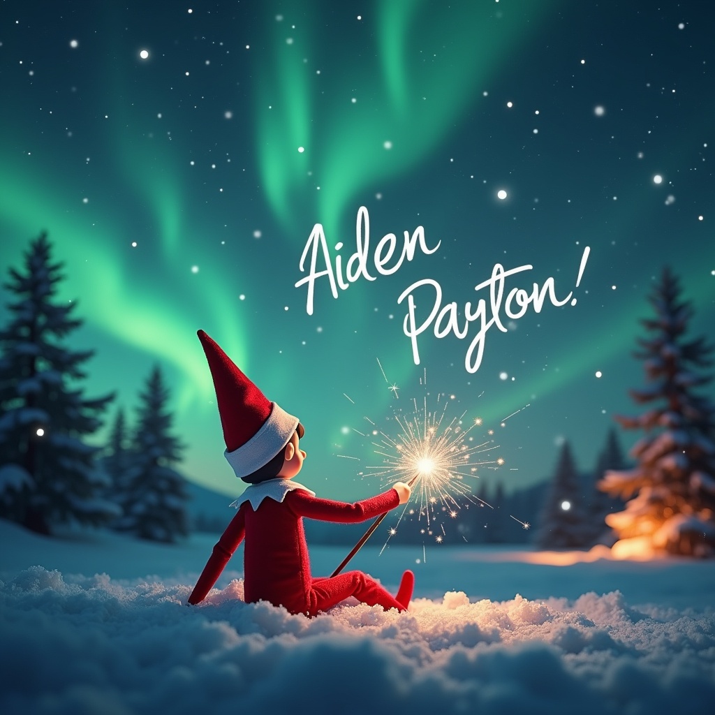 An enchanting scene featuring an elf on the shelf with his back to the viewer, facing a magical night sky illuminated by northern lights. The elf is using a wand to elegantly write the names 'Aiden' and 'Payton' in the sky. The background reflects a cozy Christmas atmosphere with softly glowing lights and snow-covered ground. The elf's red outfit contrasts beautifully with the snowy landscape as he creates a whimsical display in the night sky. This scene embodies the magic and joy of the holiday season, appealing to children and families.