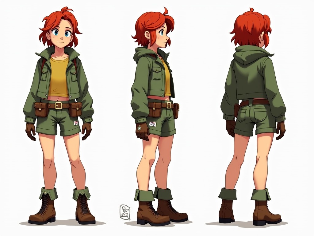 This image showcases an illustrated character design of a young, red-haired female dressed as an explorer. She is portrayed from three different angles: side, front, and back views. The character features a green outfit made up of shorts and a belted jacket. She wears sturdy boots, emphasizing her adventurous spirit. This design emphasizes a post-apocalyptic theme, fitting for a game setting.