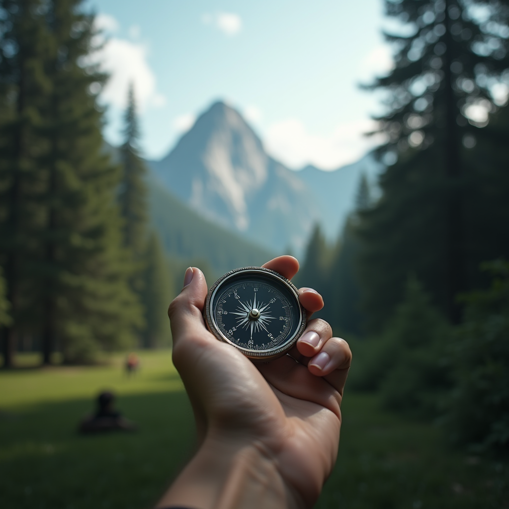 A hand holds a compass against the backdrop of a scenic mountain landscape.