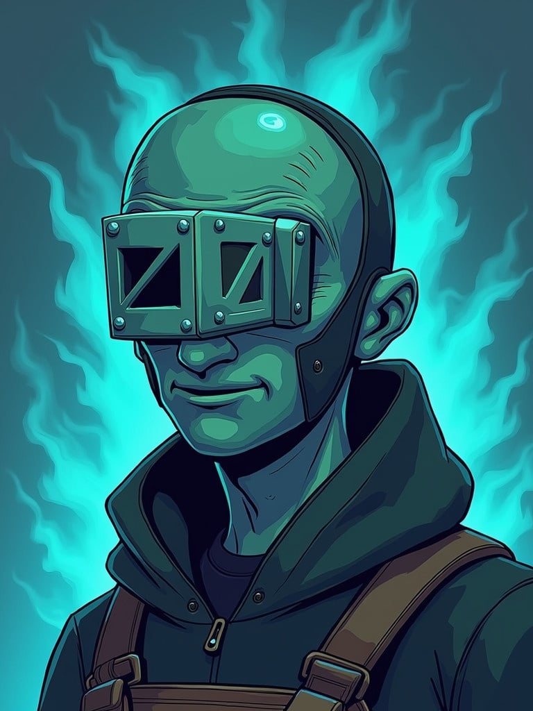 A character wearing a squid game face mask with a chillguy theme. The character has a smooth bald head and is dressed in a dark hoodie with suspenders. The background features a glowing teal flame effect.