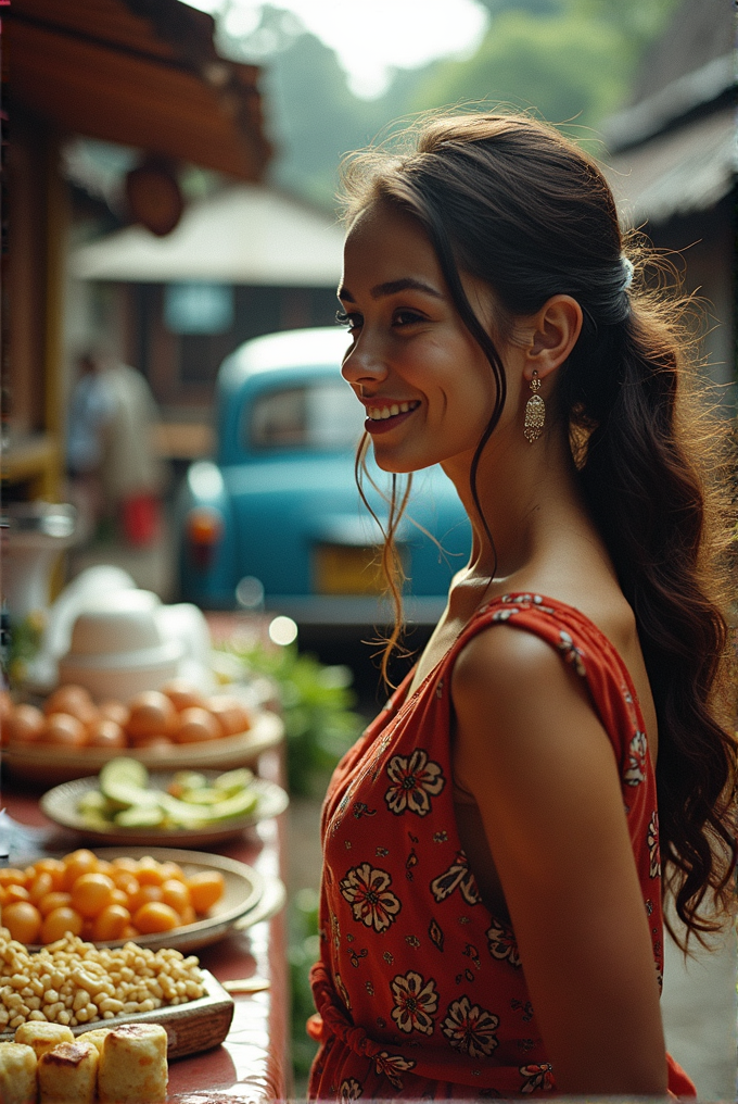 A woman in a red floral dress smiles at a vibrant outdoor market, with fruits and nuts on display.