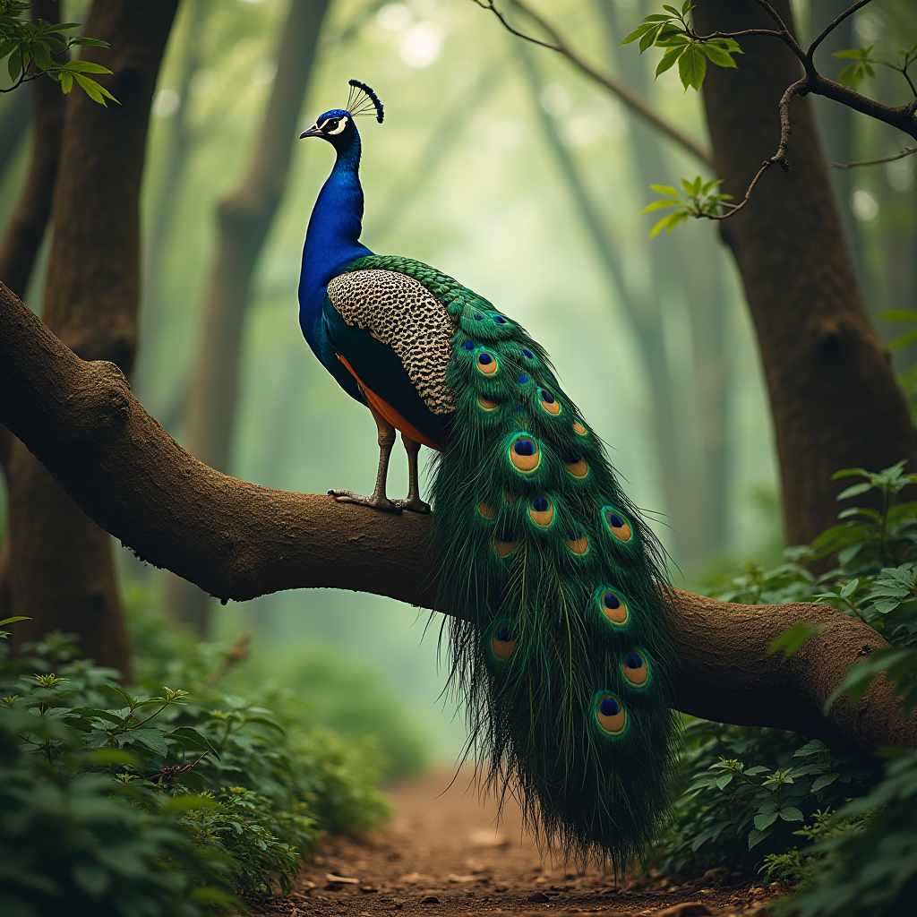 A vibrant peacock perched gracefully on a tree branch in a lush forest setting.