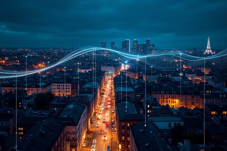 Dublin city illuminated at night from above. Streets filled with cars. Wireless connection illustrated across the skyline. City features prominently highlighted against a dark, moody sky.