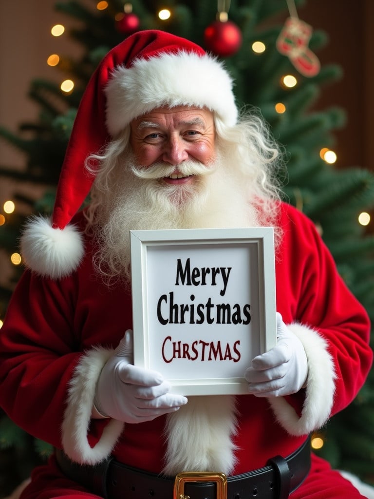 Santa in a red costume holding a white picture frame. The frame has Merry Christmas written on it. Background has a Christmas tree with decorations.