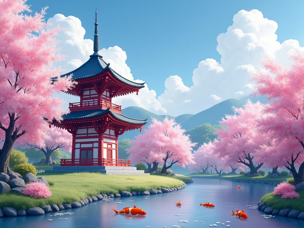 The image depicts a tranquil Japanese landscape featuring a traditional pagoda surrounded by blooming cherry blossom trees. The scene is set near a serene water body filled with swimming goldfish. Soft, fluffy clouds drift in a bright blue sky, reflecting the peaceful ambiance. The vibrant pink flowers contrast beautifully with the lush green grass. The entire composition invites viewers to experience a moment of calm and connection with nature.