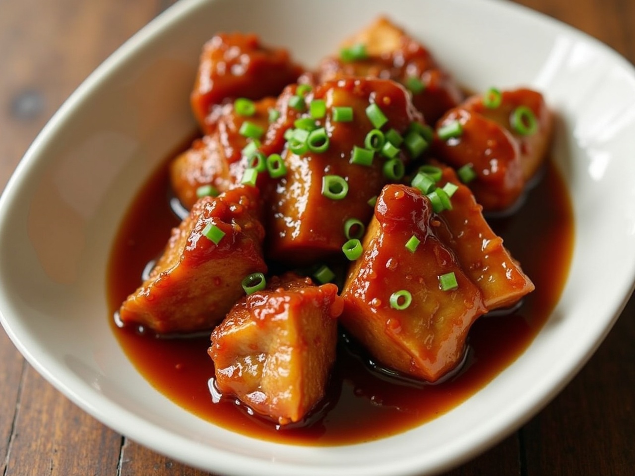 The image showcases a delicious dish of pork in Szechuan sauce, beautifully presented in a white bowl. The pork pieces are coated with a rich, glossy sauce that has a reddish-brown hue. Bright green chopped scallions are sprinkled on top, adding a fresh contrast to the dish. The background is a wooden table, which adds a rustic feel to the presentation. This dish is a staple in Szechuan cuisine, known for its bold flavors and spicy kick.