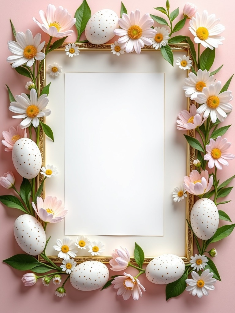 Easter greeting card design with blank space. Speckled eggs on sides. Surrounded by spring flowers. Soft color palette. Vibrant frame creates a festive look. Ideal for personal messages.