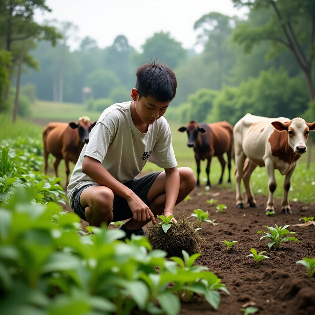 A 17-year-old teen works on the farm surrounded by cows. The scene is set in a green field with a focus on agricultural tasks.