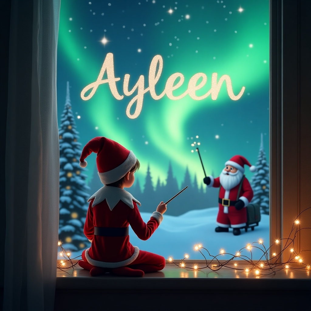 A cozy scene of an elf on the shelf facing the sky. The elf uses a wand to write 'Ayleen' in the sky. Magical Christmas background features northern lights and Santa Claus. The setting is warm and inviting with decorations.