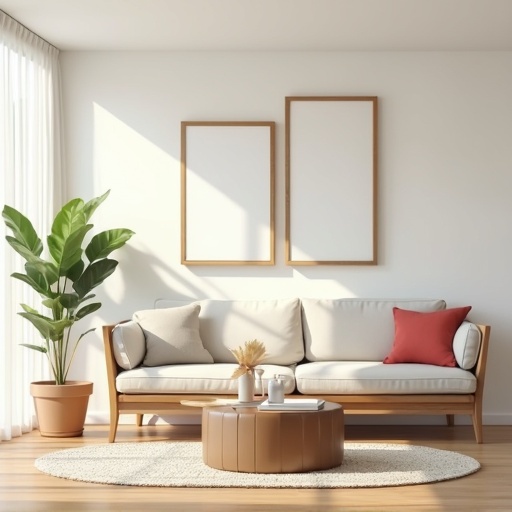 A flat 2D representation of a modern living room. A stylish couch with pillows sits across from a round coffee table. A plant decorates the corner. Two empty picture frames are on the wall. Light streams in through a window.