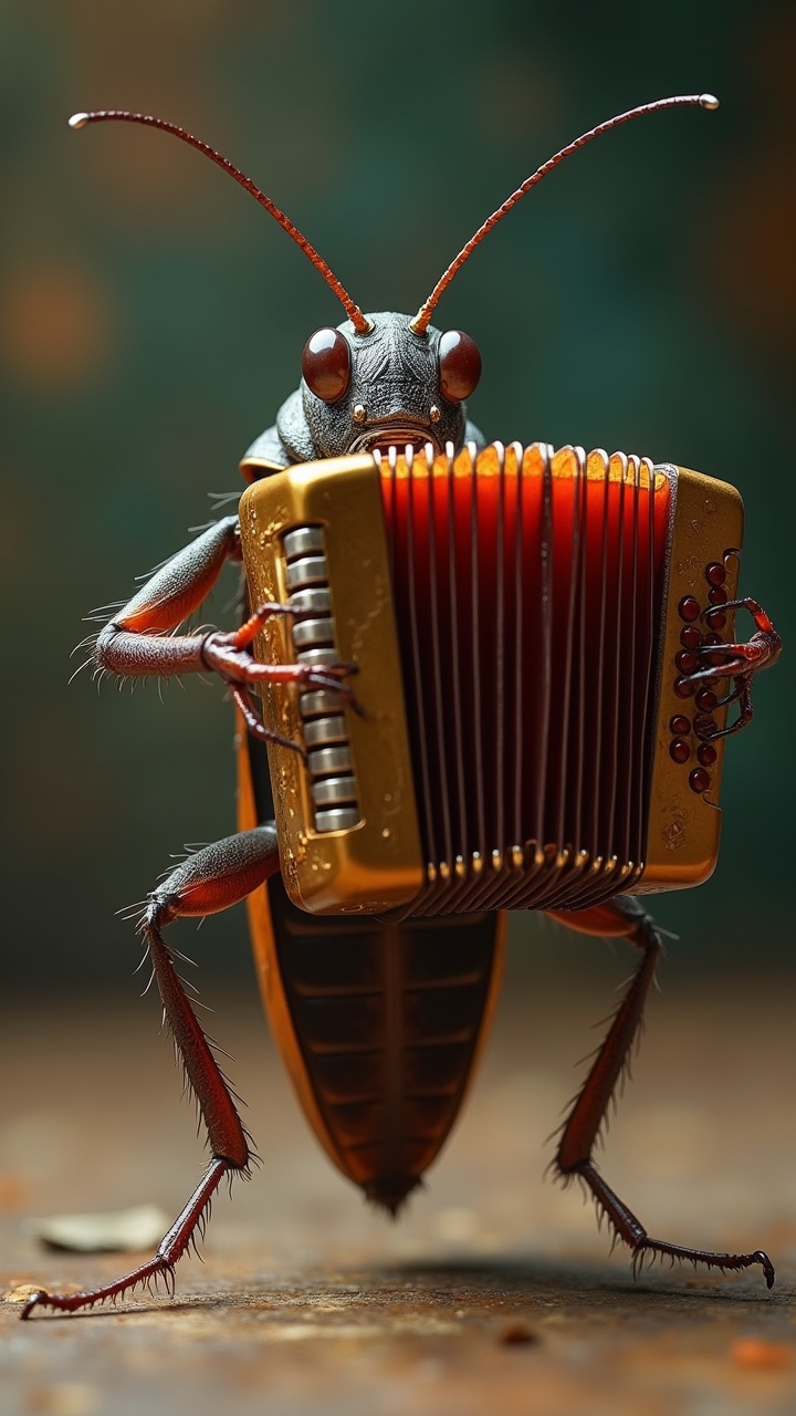 A beetle playing an accordion, digital illustration.