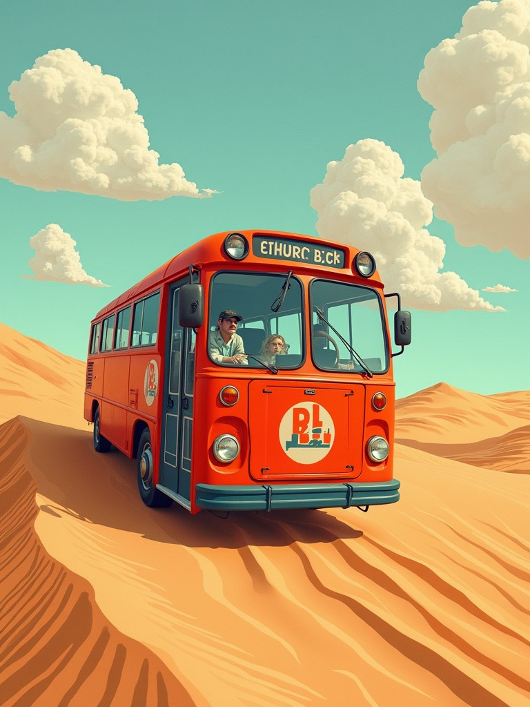 A vintage bus travels through abstract sand dunes. Bright orange bus stands out against the beige dunes. The sky is a soft turquoise with fluffy clouds. Abstract art style is applied throughout.