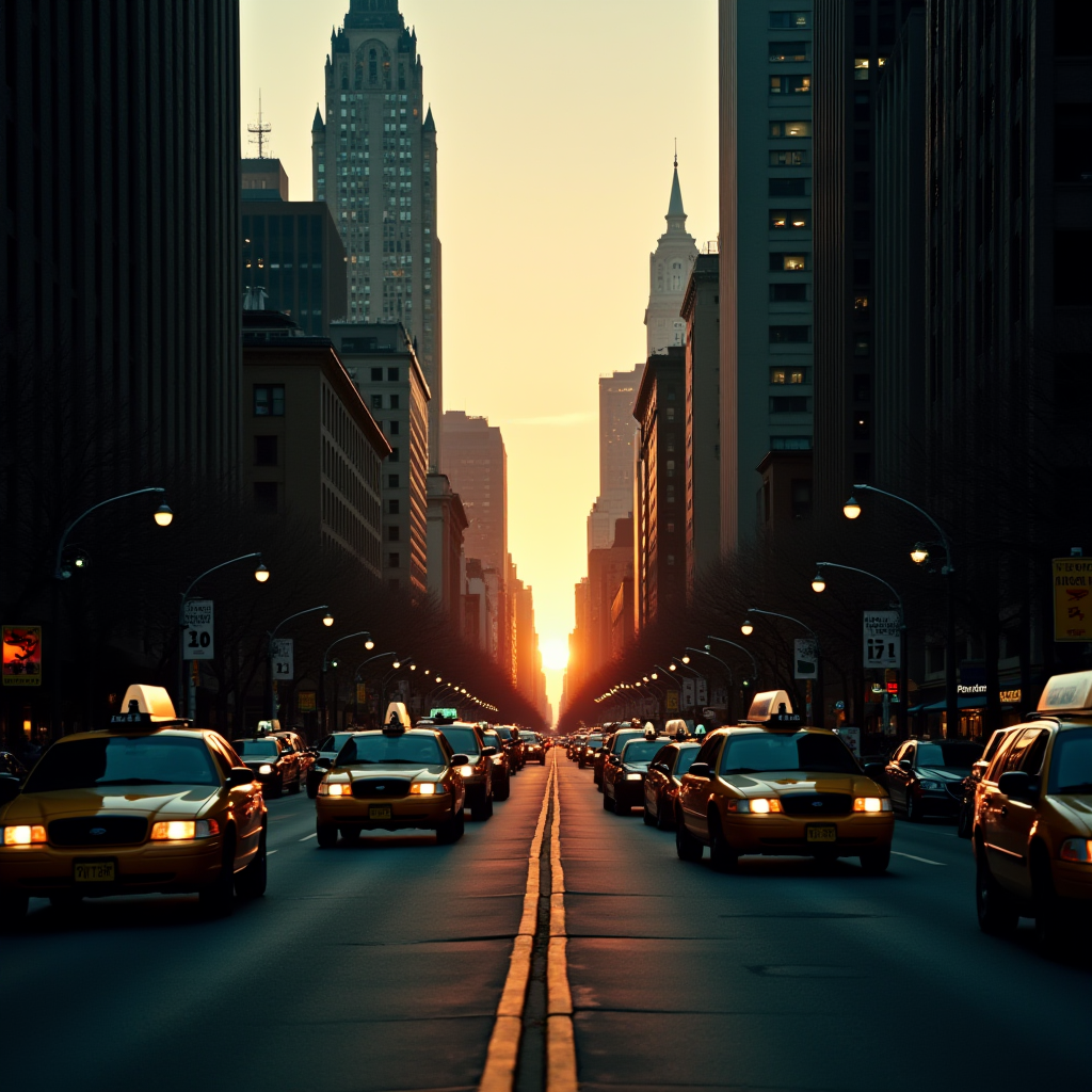 Yellow taxis line a bustling urban street as the sunset creates a striking horizon.